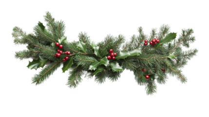 Festive holly and pine garland holiday decor natural setting close-up view seasonal vibes
