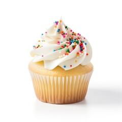 Festive Cupcake Isolated, Topped with Fluffy White Frosting and Candy Sprinkles