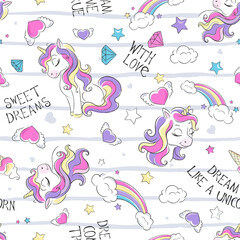 Fashion seamless pattern cute unicorn. Cartoon character. Rainbow. Print on clothes and fabric. White background