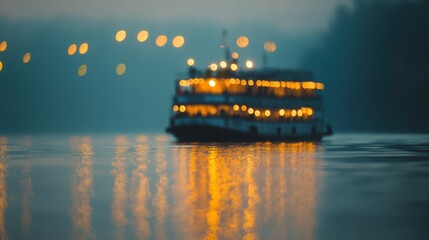 Obraz premium Nighttime Scene of Boat with Lights on Calm Water Surface