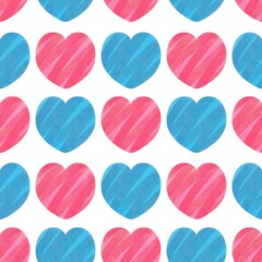 Cute pink and blue heart seamless.Watercolor hand drawn. Lovely romantic folk,boho background for Mother's Day,Valentine,wedding, birthday,textiles,fabric,wallpapers, banners,decorate,greeting card