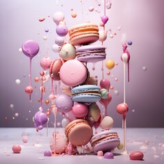 Levitating Pastel Macarons, Enchanting Sweet Collection with Liquid Effect