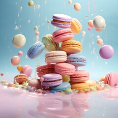astel Macaron Pyramid, Sweet Treats Floating on Dreamy Blue Background