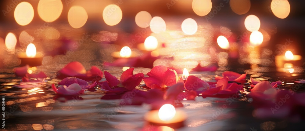 Poster romantic candlelight with floating petals and soft bokeh background