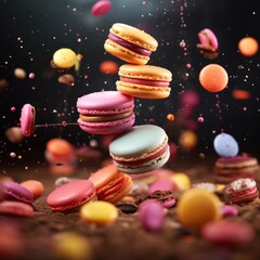 Dramatic Macaron Display, Burst of Color and Flavor on Contrasting Background