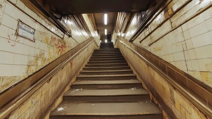 Obraz premium A long, narrow, and empty staircase in a subway station