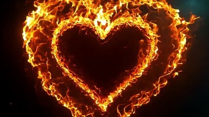 A heart shaped outline of fire flames against a black background. Embers and sparks fly within the fiery hearts shape. 4k video Heart flame heart. Valentine's Day concept