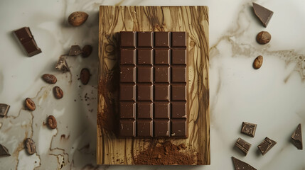 Exquisite dark chocolate bar on a wooden board, surrounded by cocoa beans and pieces.