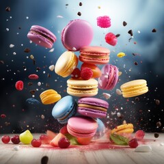 Dynamic Macaron Stack, Multicolored Sweets in Mid-Air