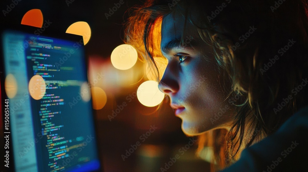 Poster young programmer focused on coding in dimly lit room with bokeh lights