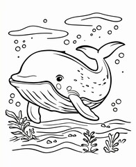 Obraz premium Cartoonstyle baby whale swims water its mouth open surrounded bubbles wavy lines plain white background