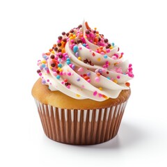 White Cupcake with Colorful Sprinkles, Cute Sweet Treat