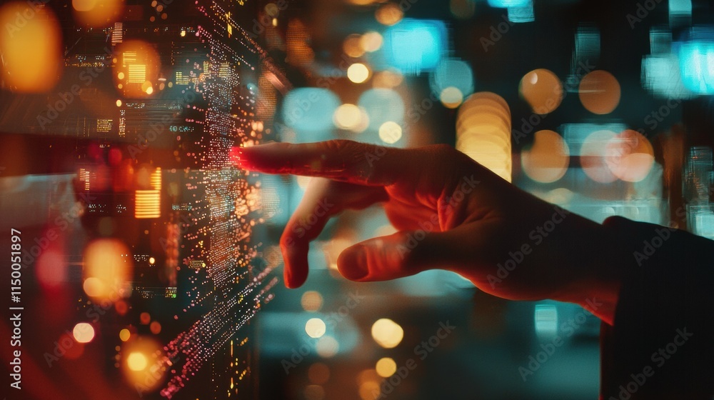 Aufkleber futuristic hand touching digital interface with bright data visualization