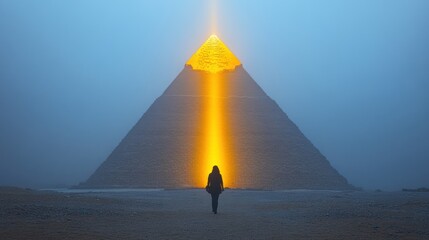 A person approaches a glowing pyramid in a foggy landscape.