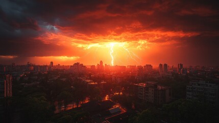 A dramatic lightning storm over a cityscape at sunset, illuminating the skyline.