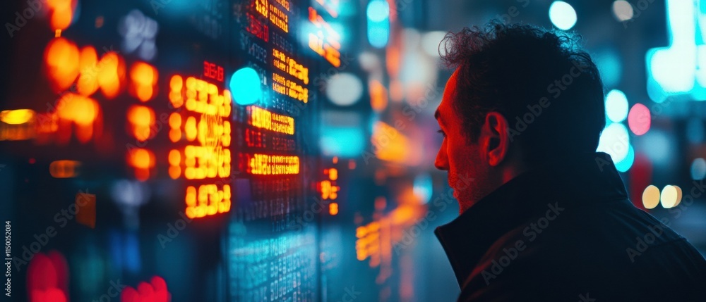Poster man analyzing stock market data on digital display at night