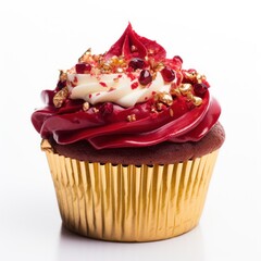 Gourmet Red Velvet Cupcake with Cream Frosting and Gold Sprinkles on White Background