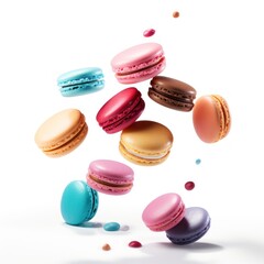 Colorful Macarons Floating in Mid-Air on White Background