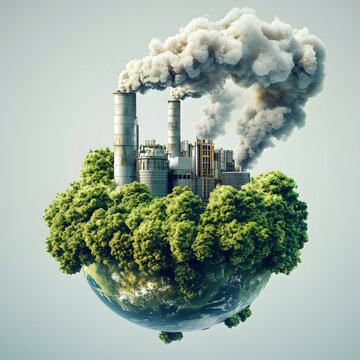 Industrial pollution on a small green planet, contrasting nature and factory emissions, symbolizing environmental impact, climate change, and the need for sustainability.
