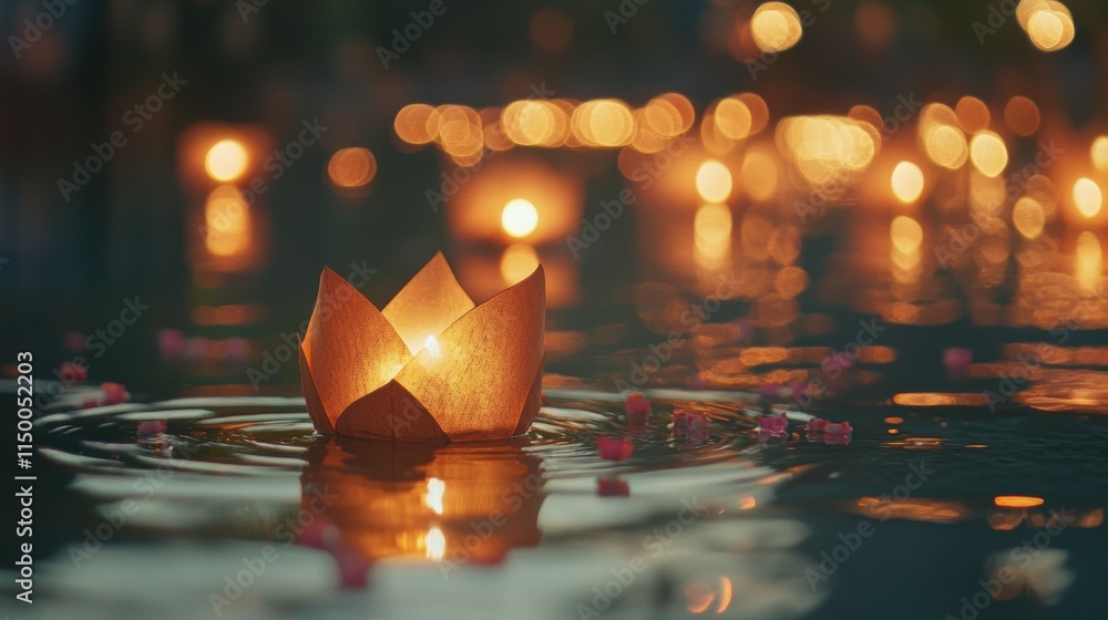 Aufkleber serene floating lantern in calm water with soft bokeh background effects