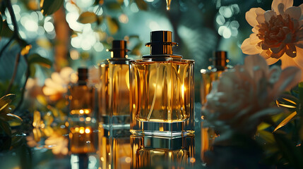 Luxurious Amber Perfume Bottles Among Blooming Flowers