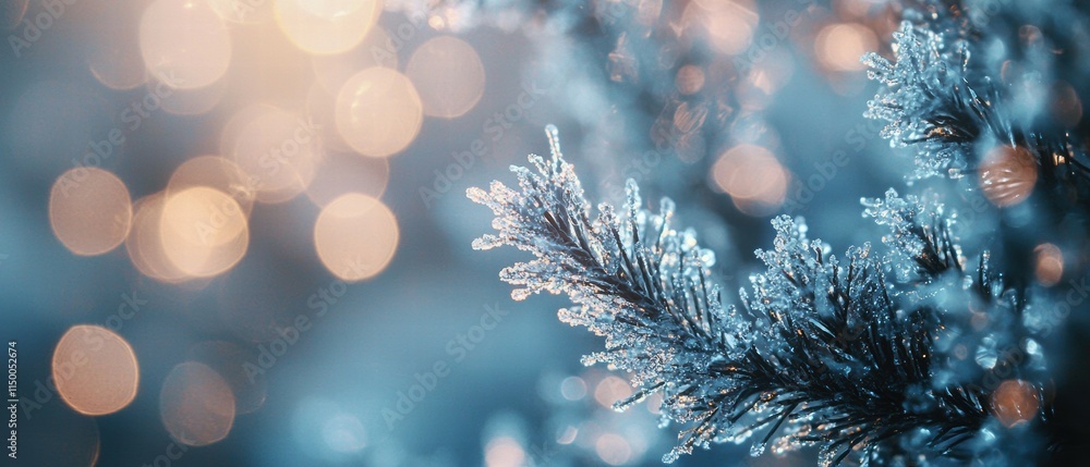 Poster frosted pine branch with bokeh background in winter wonderland setting
