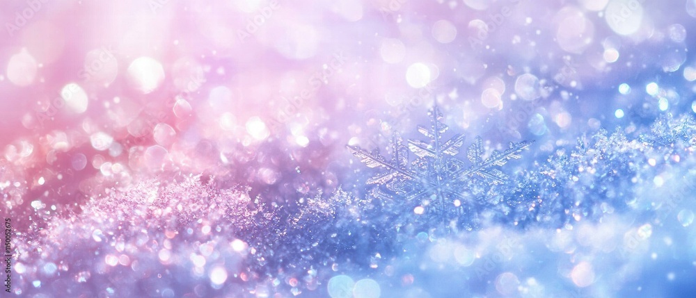 Poster sparkling snowflakes on colorful background with soft bokeh lights