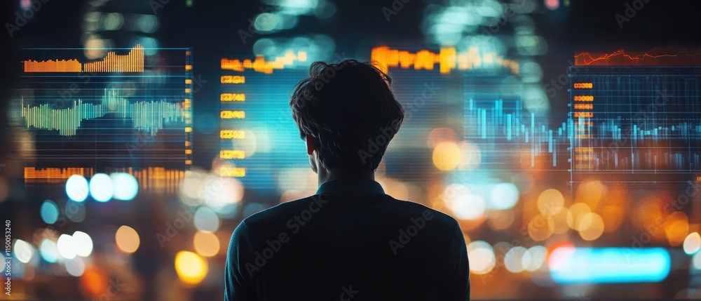 Poster person analyzing data visualization in urban setting with bright lights