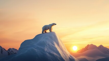 Global warming pollution adaptation concept. A lone polar bear standing on a melting iceberg under a dramatic, fiery sunset, evoking urgency about global warming