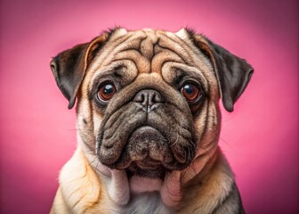 Wrinkled Pug Dog Portrait, Long Exposure, Pink Background - Studio Shot