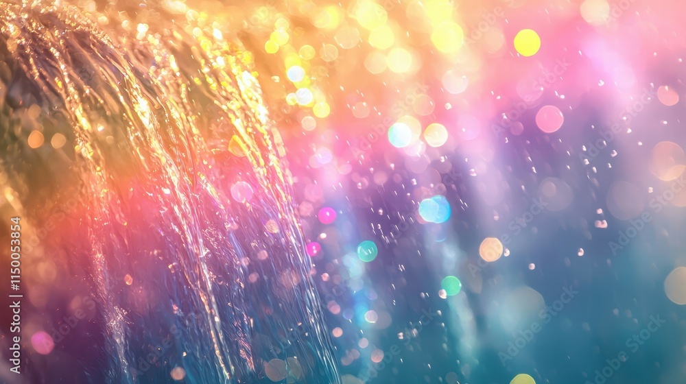 Poster colorful bokeh waterfall with sparkling light reflection and gentle flow