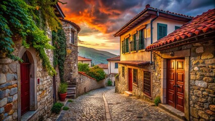 Fototapeta premium Xanthi Greece Low Light Cobblestone Alleyway Photography - Old Town Charm