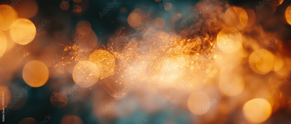 Poster abstract glowing golden particles over a dark background with bokeh effects