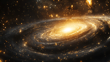 Cosmic Dance: A mesmerizing spiral galaxy ablaze with golden light, cosmic dust, and stellar energy.  A breathtaking view into the vastness of space.