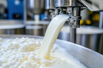 Milk being poured into a large vat at a dairy processing facility, symbolizing production, agriculture, and food manufacturing.