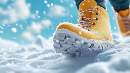 Close-up of yellow winter boots stepping through snow, symbolizing outdoor exploration, cold weather, and seasonal adventure.