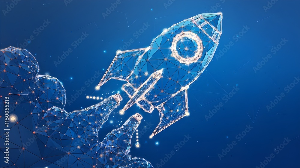 Poster Abstract Digital Rocket on Technology Blue Background. Futuristic Spaceship consists of polygons, connected dots, thin lines, and glowing circles. Low Poly Wireframe Vector with 3D effect