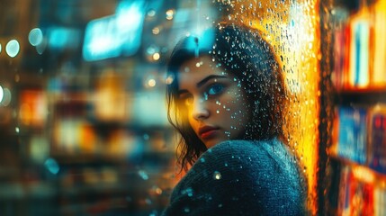 Obraz premium Woman gazing through a rain-soaked window in a cozy library setting