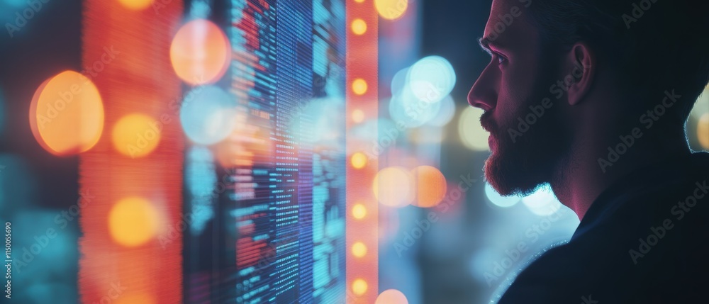Poster man contemplating data insights in front of digital display at nighttime