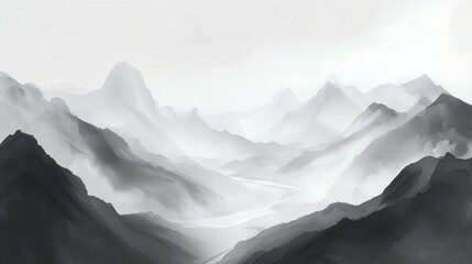 Chinese ink wash painting style, serene mountain landscape with flowing rivers and misty valleys, soft black and gray tones, delicate brushwork, tranquil and poetic aesthetic