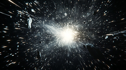 Cosmic Explosion: A mesmerizing abstract depiction of a celestial event, with a brilliant white light bursting forth from a black void, surrounded by a scattering of shimmering particles.  