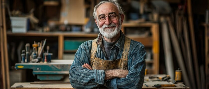 Skilled Carpenter in Workshop Smiling with Confidence and Experience