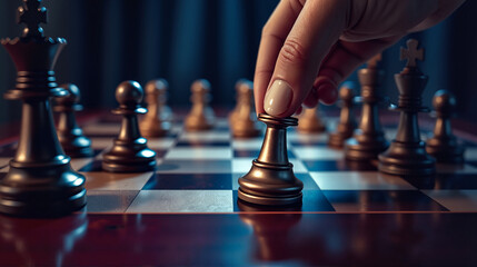 chess puzzles, Hand moving chess piece on board during strategic game surrounded by dramatic lighting