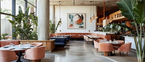 Modern restaurant interior with booths, tables, and plants.