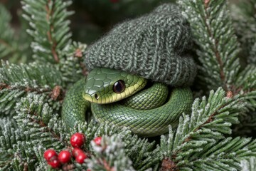 Fototapeta premium A Christmas fir tree adorned with a charming green, knitted snake toy, ready to welcome New Year 2025.
