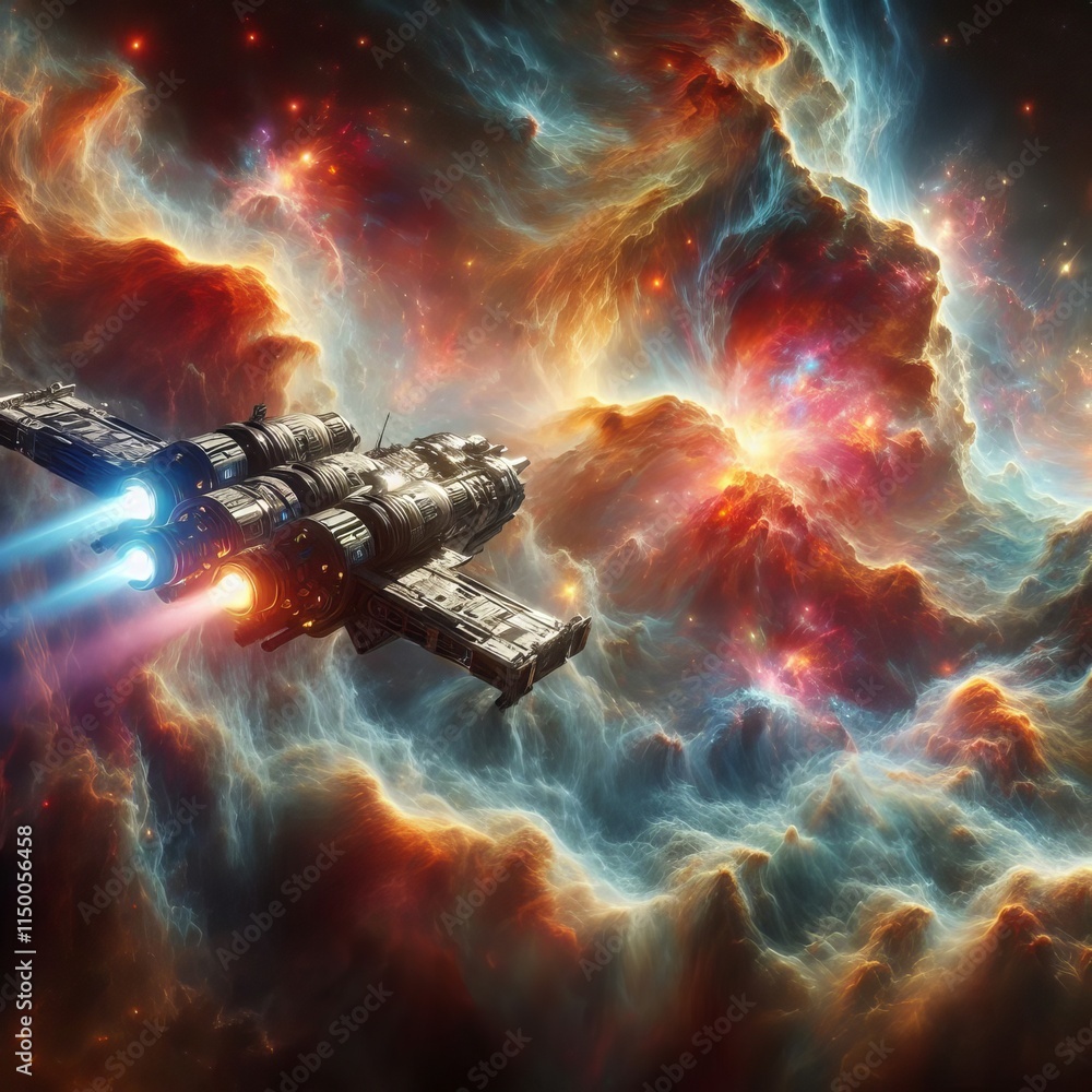 Poster a futuristic spaceship flies through a vibrant nebula filled with swirling colors and glowing cosmic