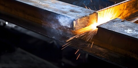 Steel beam welding in progress, bright sparks illuminating the process in a busy industrial setting.