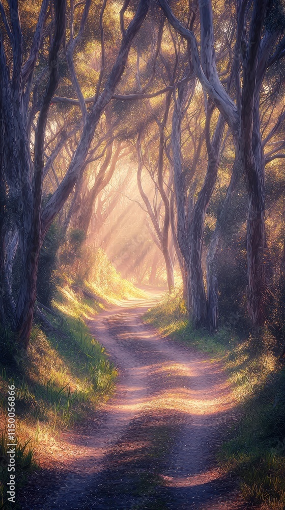 Poster serene forest pathway with sunlight filtering through trees