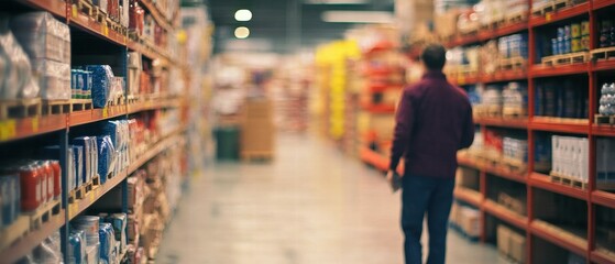 Obraz premium Person Walking Down Aisle In Large Warehouse With Stocked Shelves