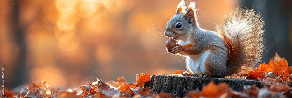 Poster adorable red squirrel enjoying an acorn on an autumn day.
